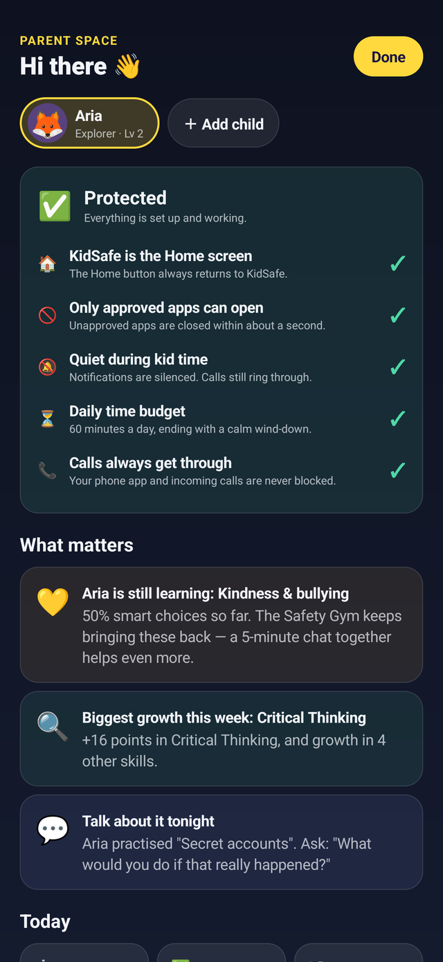 KidSafe, Parent Space shows what matters