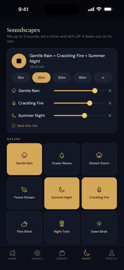 Trance, the soundscape mixer with a sleep timer
